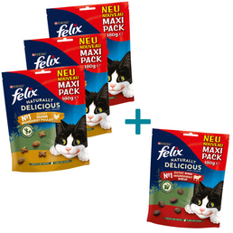 FELIX Naturally Delicious mit Huhn &amp; Katzenminze 2x180g + 180g Rind &amp; Goji Beeren + 180g Rin