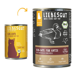 Liebesgut Biokost Adult Katze mit Ente, Mangold und Reis