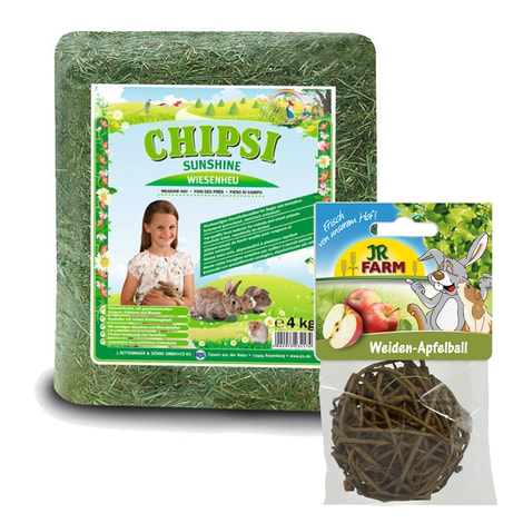 Chipsi Kleintierheu Sunshine Wiesenheu 4kg + JR Farm Weiden-Apfelball 15g Sparpack