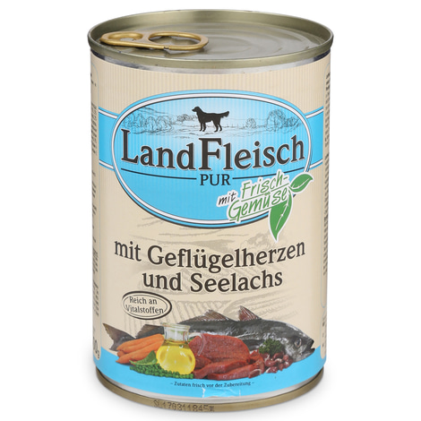 Landfleisch Hunde-Nassfutter Dog Pur Geflügelherzen & Seelachs
