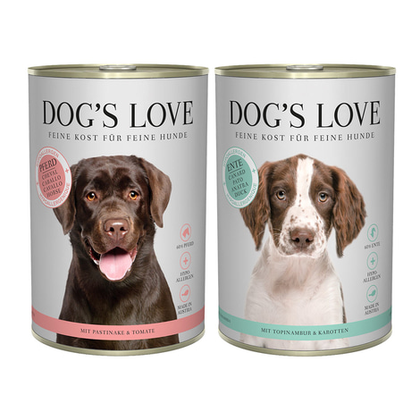 Dog's Love Hypoallergen variace chutí s kachnou a koňským masem, 12× 400 g