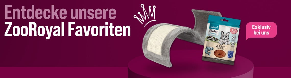 ZooRoyal Werbebanner mit Katzenfutter und Zubehör auf pinkem Hintergrund.