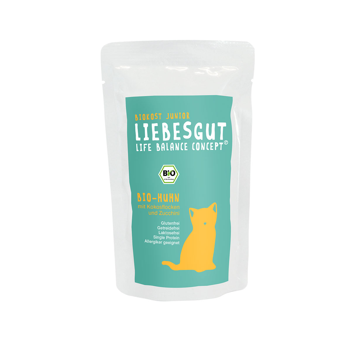 Liebesgut Biokost Junior Katze mit Huhn, Kokos und Zucchini 12x100g