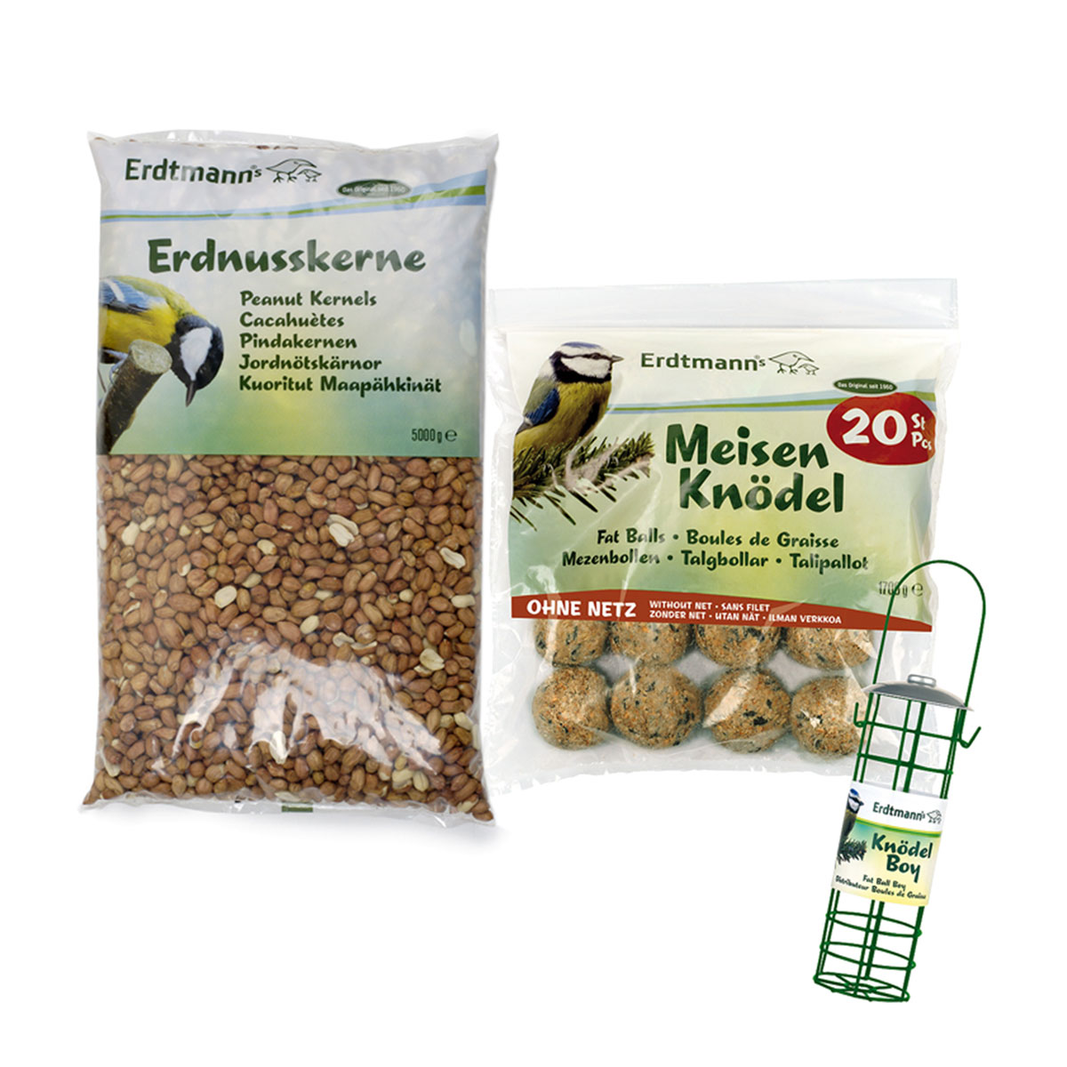 Levně Erdtmann's 20 koulí pro sýkorky bez síťky + 1 závěsné krmítko na koule + 5 kg arašídových jader