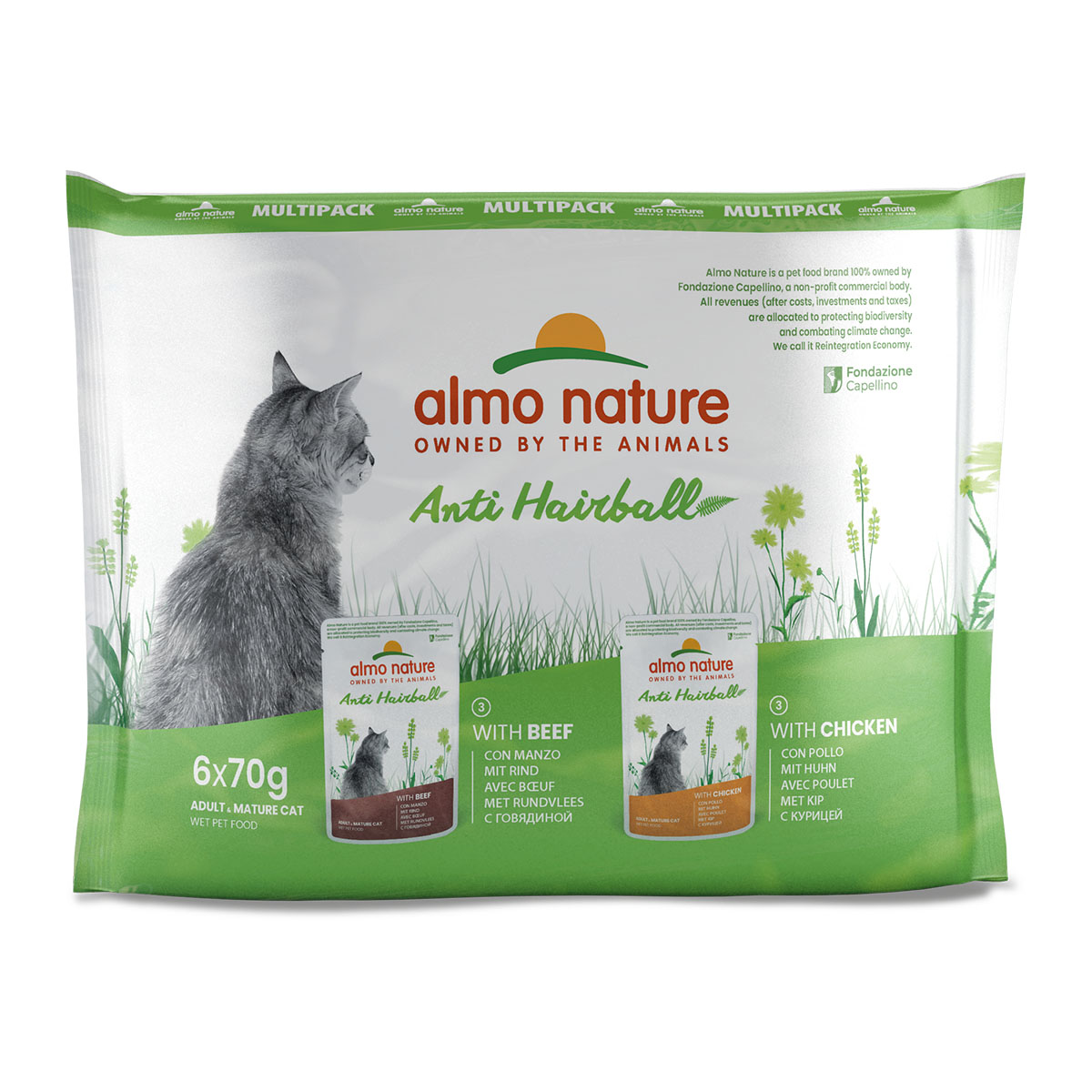 Levně Almo Nature Holistic Anti Hairball Multipack s hovězím a kuřecím masem 6× 70 g