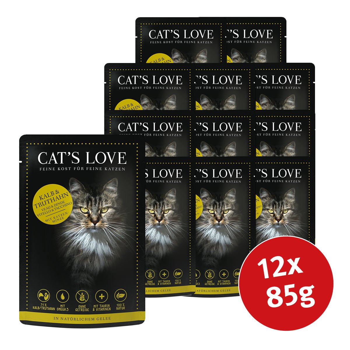 Cat's Love s telecím a krůtím masem, šantou kočičí a lněným olejem 12 × 85 g