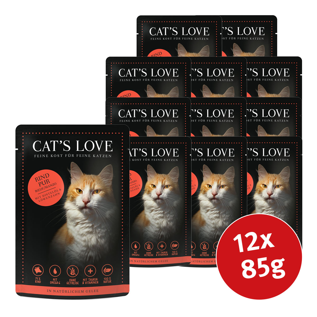 Cat's Love s čistým hovězím masem se saflorovým olejem a pampeliškou 12 × 85 g