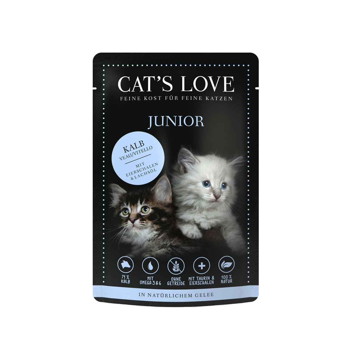 Levně Cat's Love Junior s telecím masem, vaječnými skořápkami a lososovým olejem 12 × 85 g