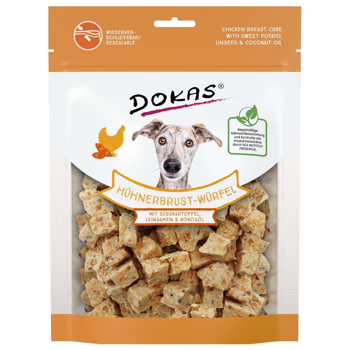 Dokas kostky z kuřecích prsou s batáty, lněnými semínky a kokosovým olejem 150 g