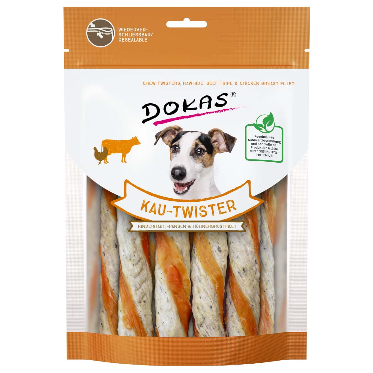 Dokas Kau-Twister hovězí kůže, bachory a kuřecí prsní filet 3 × 200 g