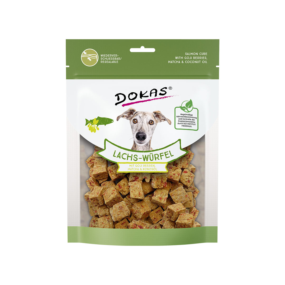 Dokas kostky z lososa s goji, matchou a kokosovým olejem 150 g