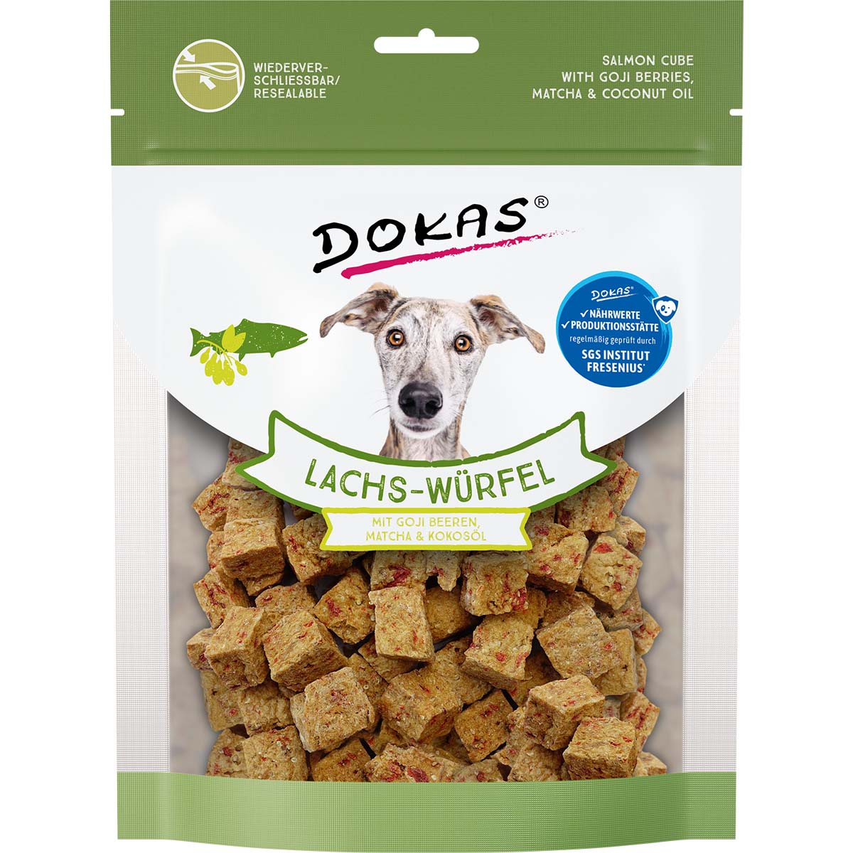 Dokas kostky z lososa s goji, matchou a kokosovým olejem 4 × 150 g