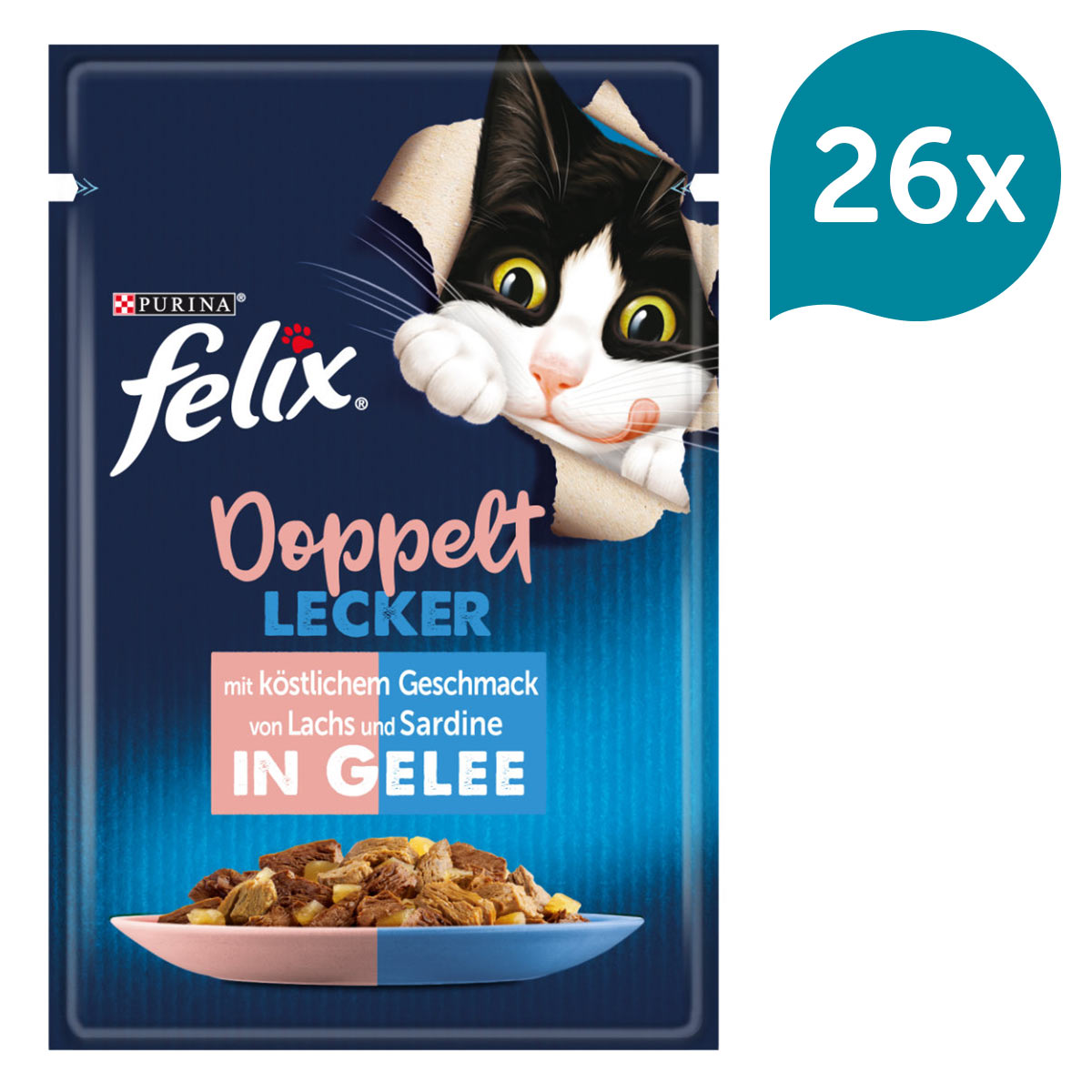 Levně FELIX Chutná tak dobře, jak vypadá Doppelt Lecker v želé sardinky a losos 26 × 85 g