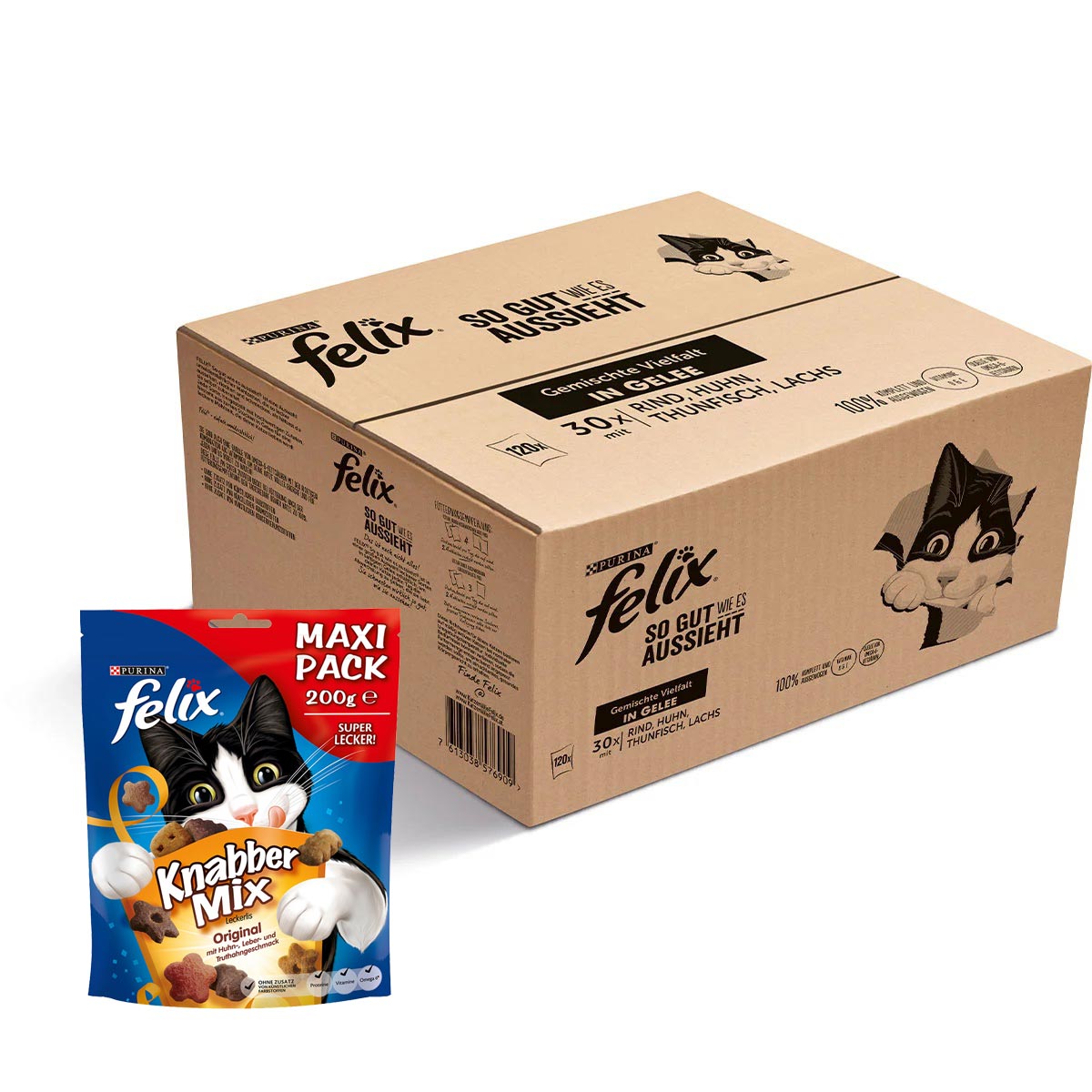 FELIX Sgwea in Gelee Gemischte Vielfalt 120x85g + FELIX Snack Huhn, Leber, Truthahn 200g gratis FELIX Sgwea in Gelee Gemischte Vielfalt 120x85g + FELIX Snack Huhn, Leber, Truthahn 200g gratis