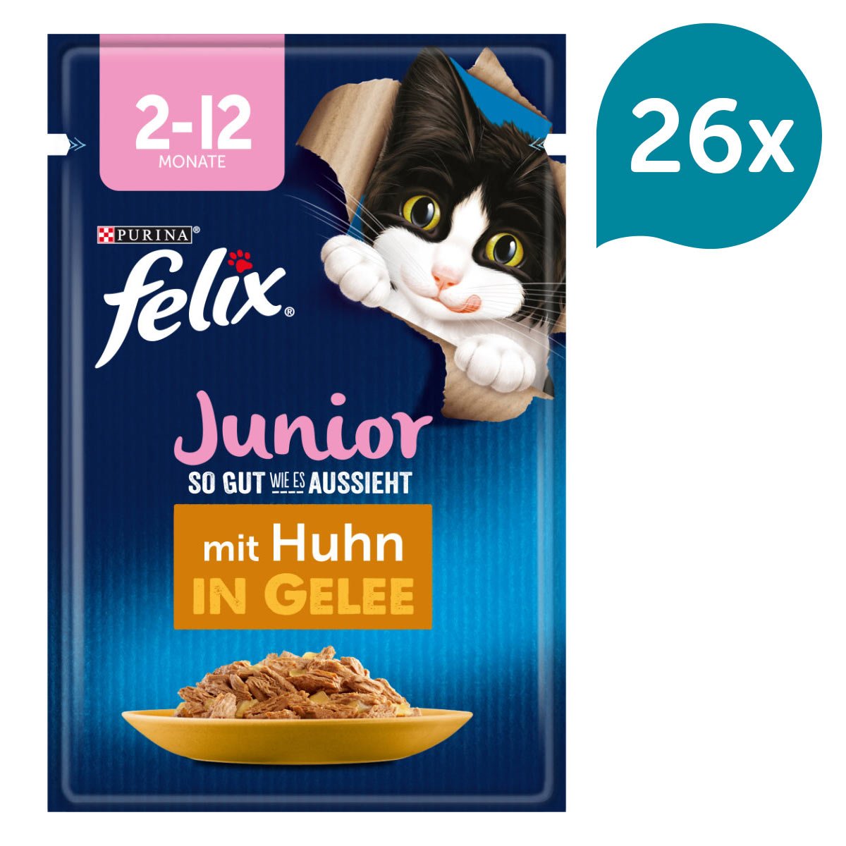 FELIX chutná tak dobře, jak vypadá, Pochoutka v želé Junior kuřecí 26 × 85 g
