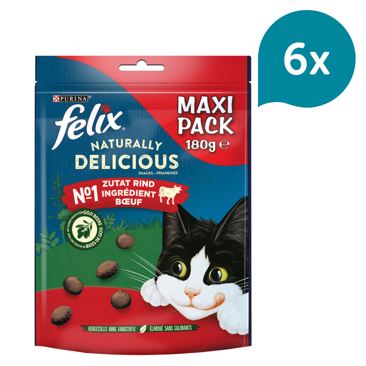 FELIX Naturally Delicious Katzensnack mit Rind & Goji Beeren 6x180g