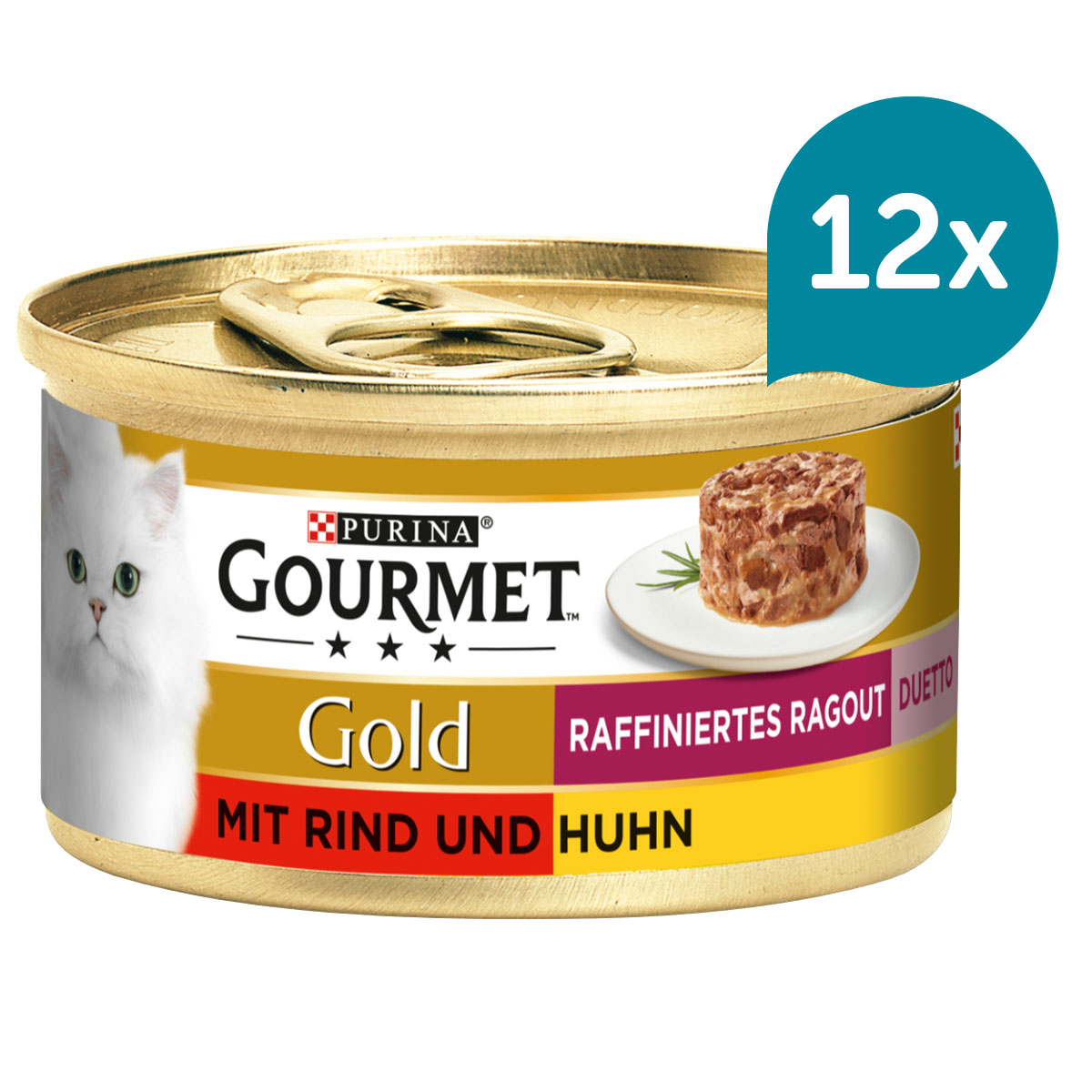 Krmivo pro kočky značky GOURMET Gold, Rafinované ragú Duetto s hovězím a kuřecím masem 12 × 85 g
