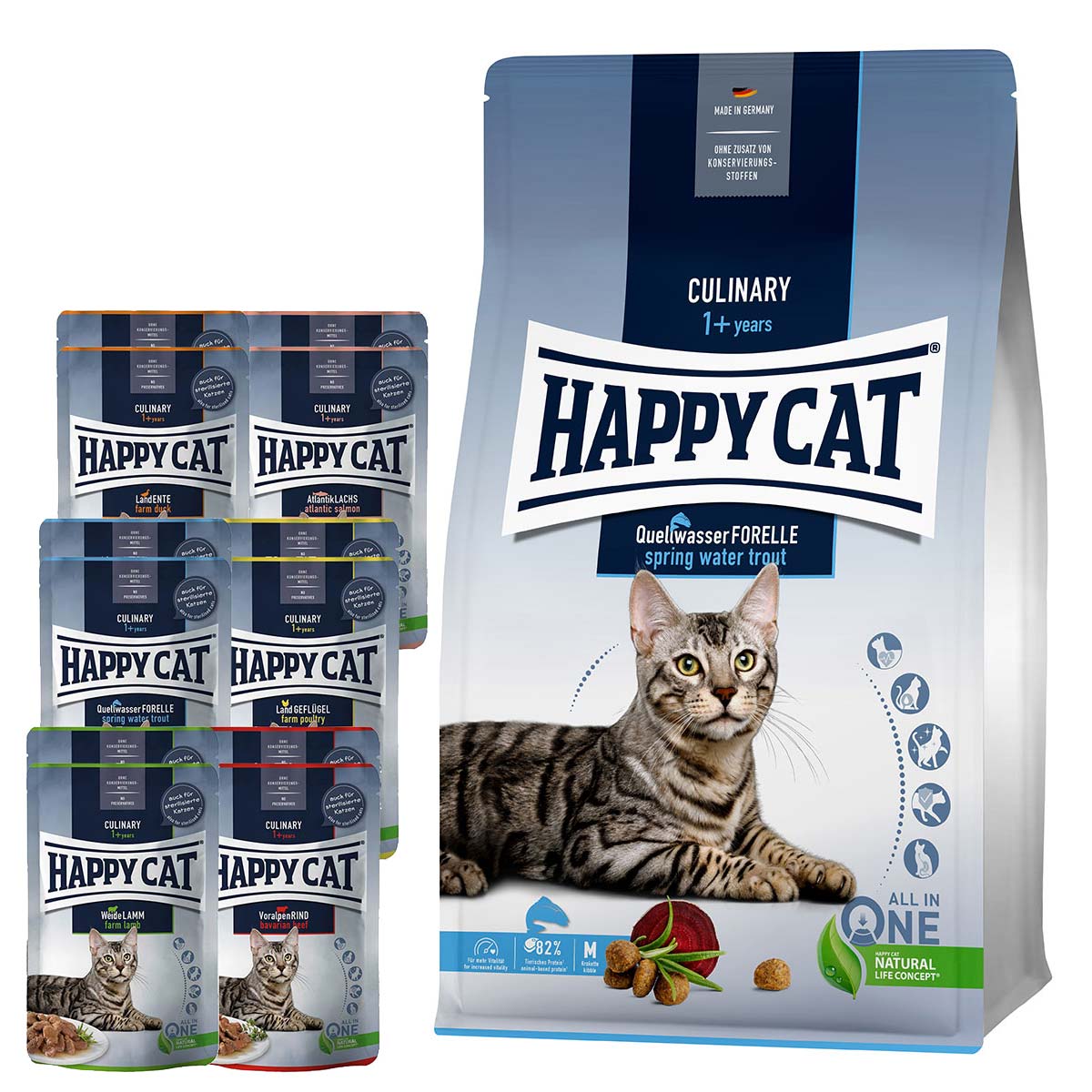 Happy Cat Culinary Adult Quellwasser Forelle 10 kg + Mischtray 1 Happy Cat Pouches 12x85g gratis