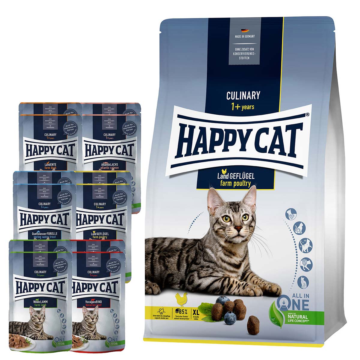 Happy Cat Culinary Adult Land Geflügel 10 kg + Mischtray 1 Happy Cat Pouches 12x85g gratis