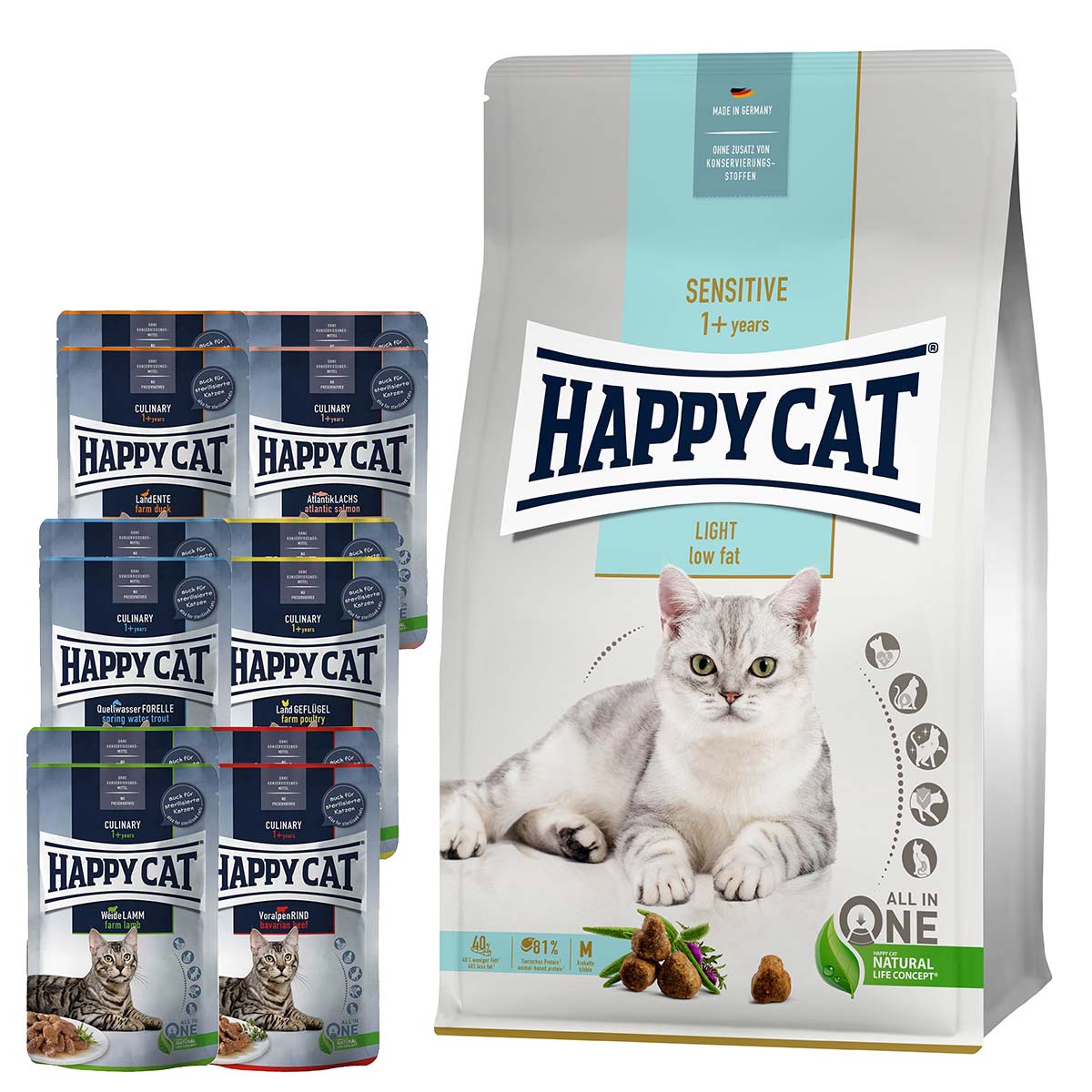 Happy Cat Sensitive Adult Light 10 kg + Mischtray 1 Happy Cat Pouches 12x85g gratis