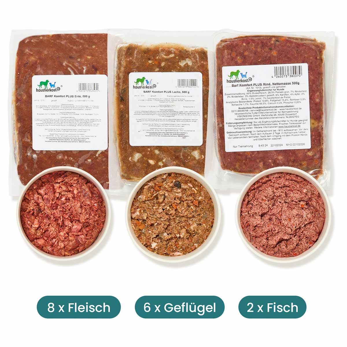 Haustierkost Fertigbarf Probierpaket für Hunde 16x500 g