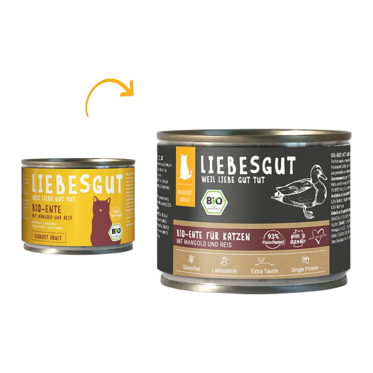 Liebesgut Biokost Adult Katze mit Ente, Mangold und Reis 12x200g