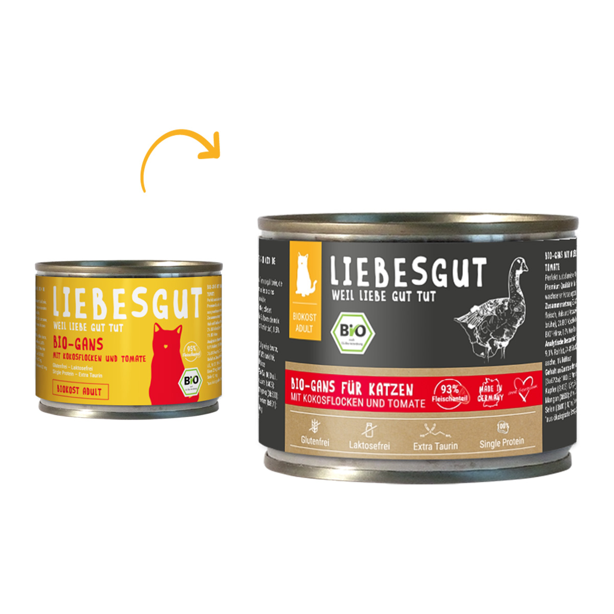 Liebesgut Biokost Adult Katze mit Gans, Kokos und Tomate 12x200g