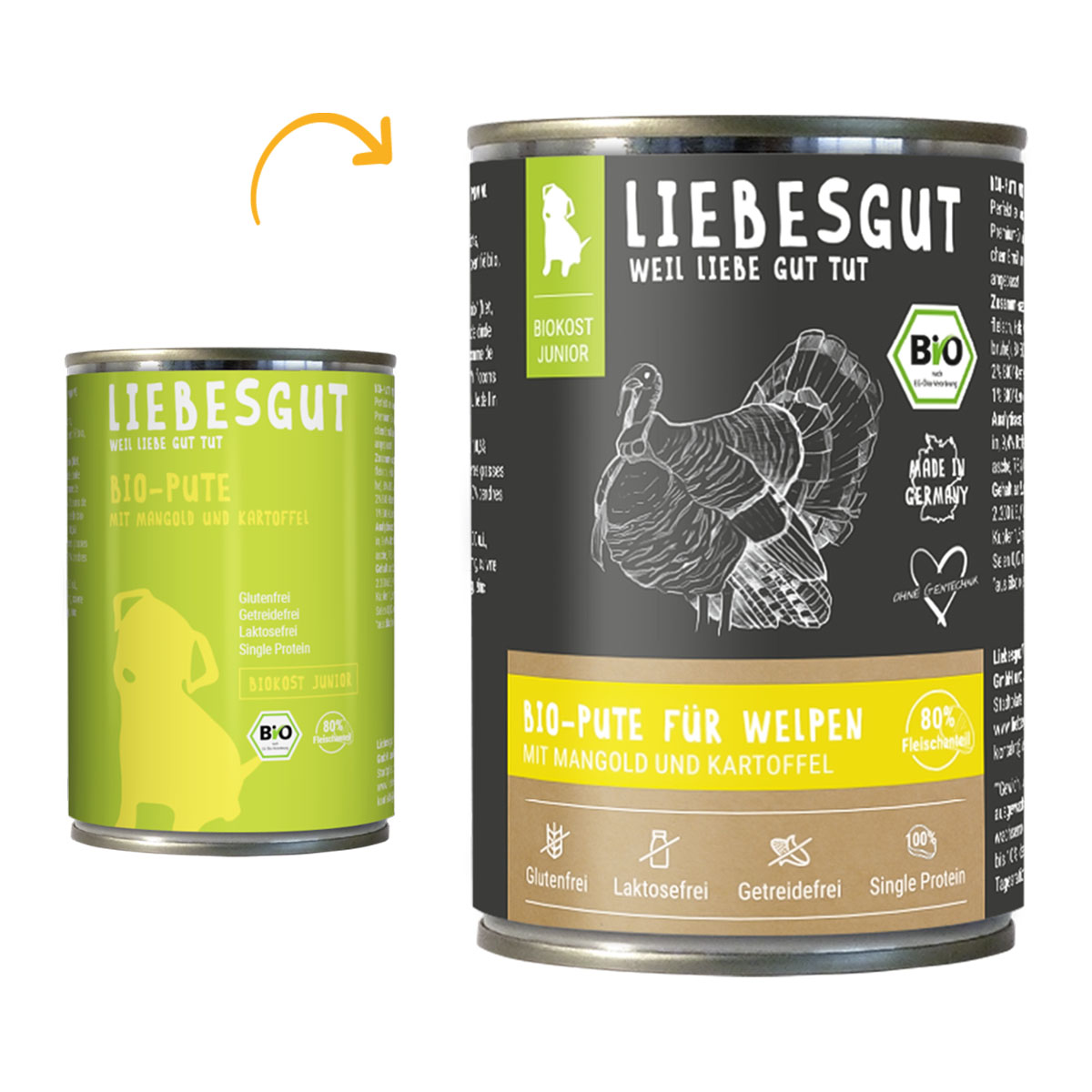 Liebesgut Biokost Junior Hund mit Pute, Mangold und Kartoffeln 6x400g