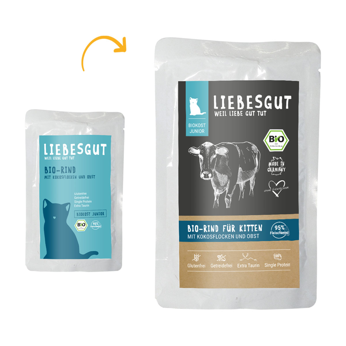 Liebesgut Biokost Junior Katze mit Rind, Kokos und Obst 12x100g