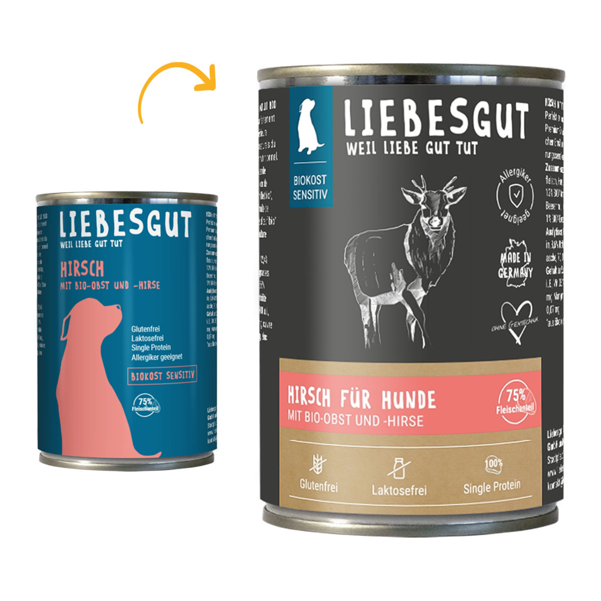 Liebesgut Biokost Sensitiv Hund s jelením masem, bio ovocem a bio jáhlami 6 × 400 g