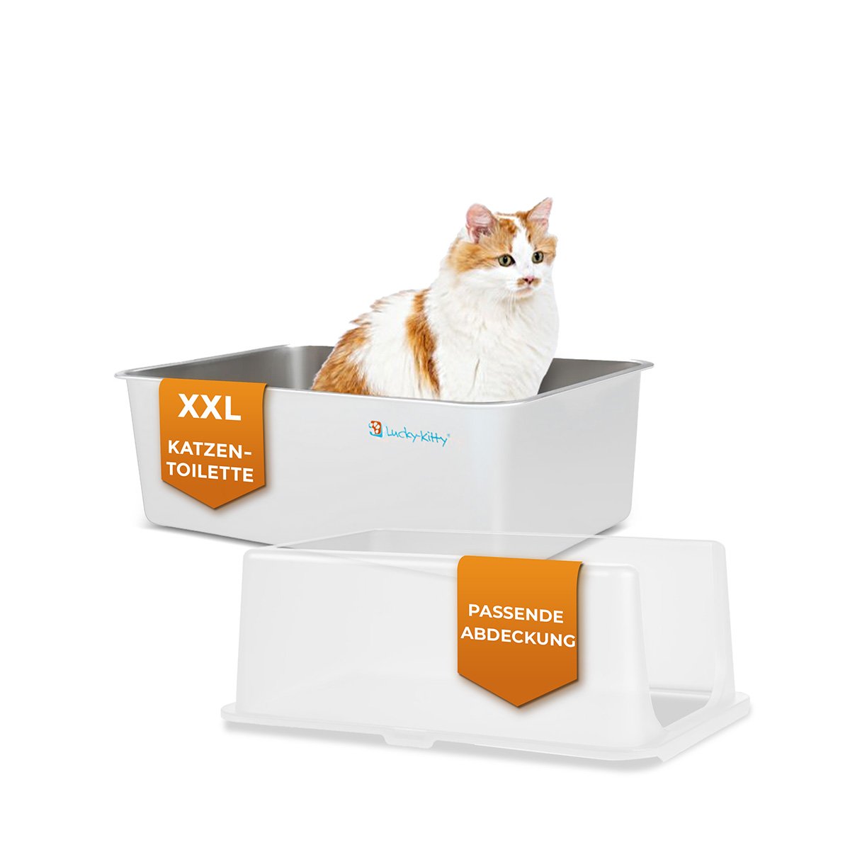 Lucky Kitty XXL Katzentoilette mit Haube - Edelstahl, Weiß | Rückläufer