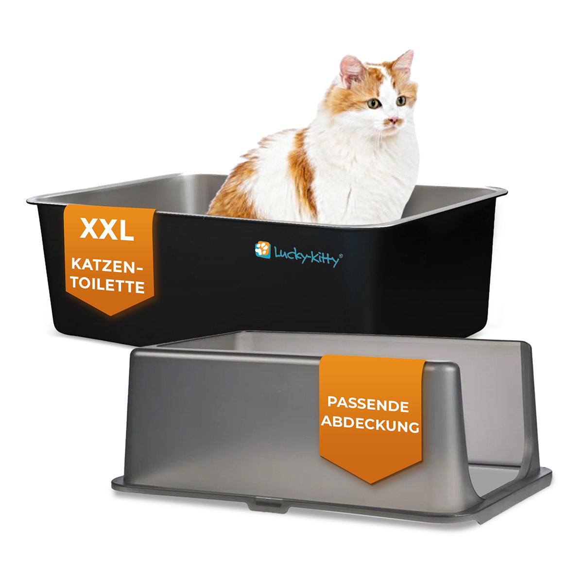 Lucky Kitty XXL Katzentoilette mit Haube – Edelstahl schwarz