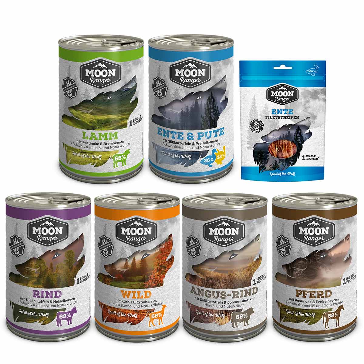 Moon Ranger Probierpaket Nassfutter 6x400g + Snack 100g