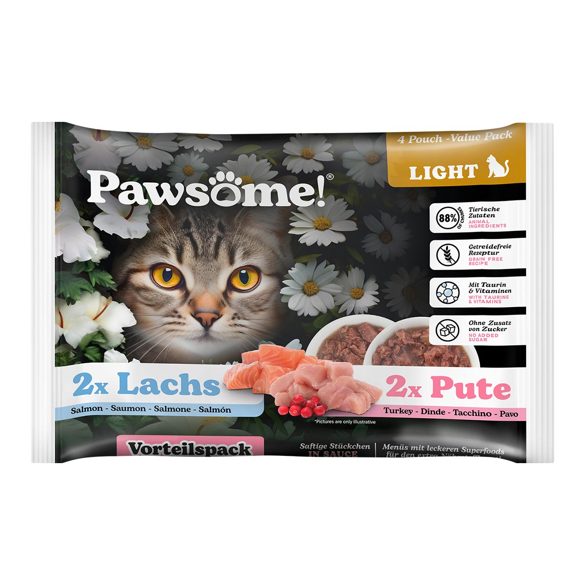 Levně Pawsome Adult Light, krůtí a losos, Flowpack balení, 4 × 85 g