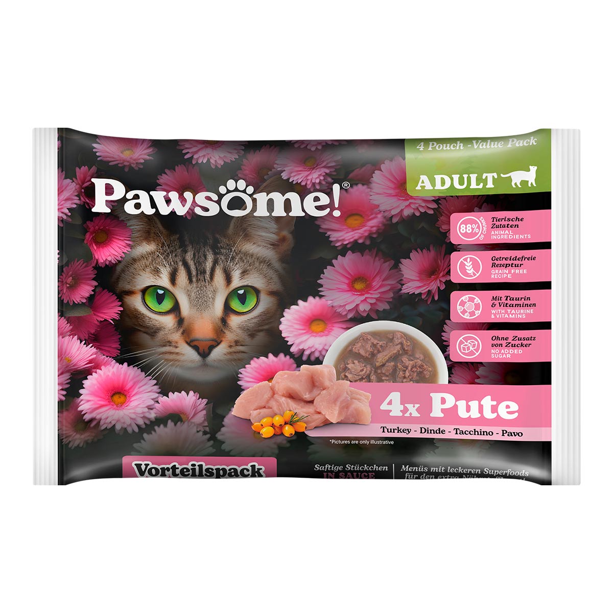 Levně Pawsome Adult Flowpack krůtí maso, 4 × 85 g