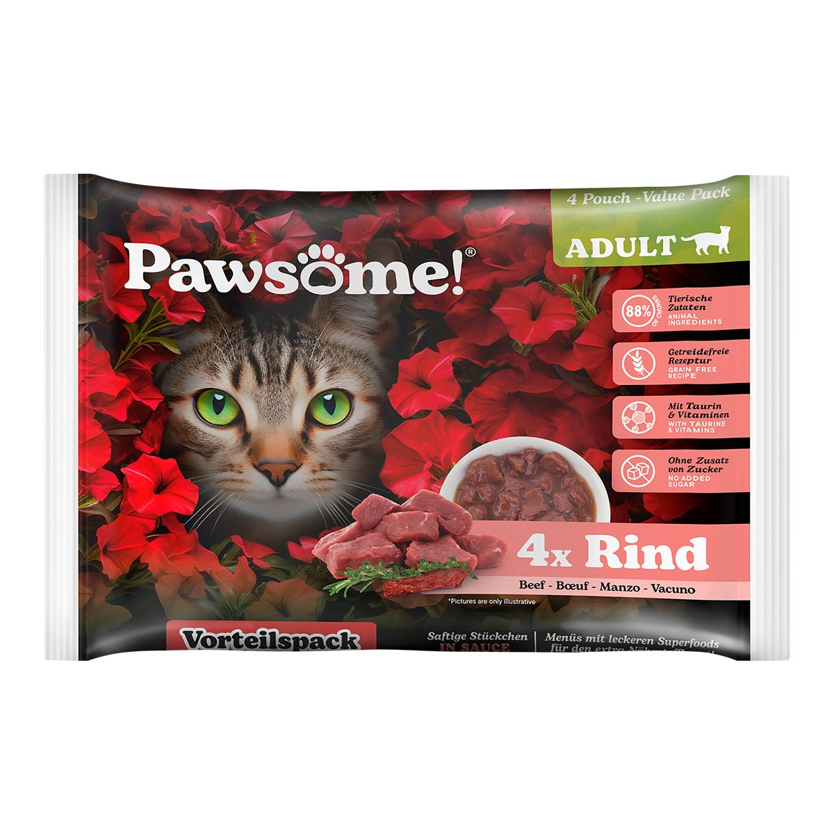 Levně Pawsome Adult Flowpack hovězí maso, 4 × 85 g