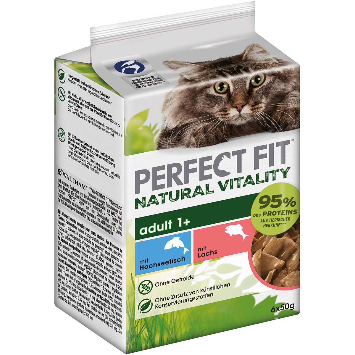 PERFECT FIT Natural Vitality Adult 1+ krmivo pro kočky s rybami z volného moře a lososem 36 × 50 g