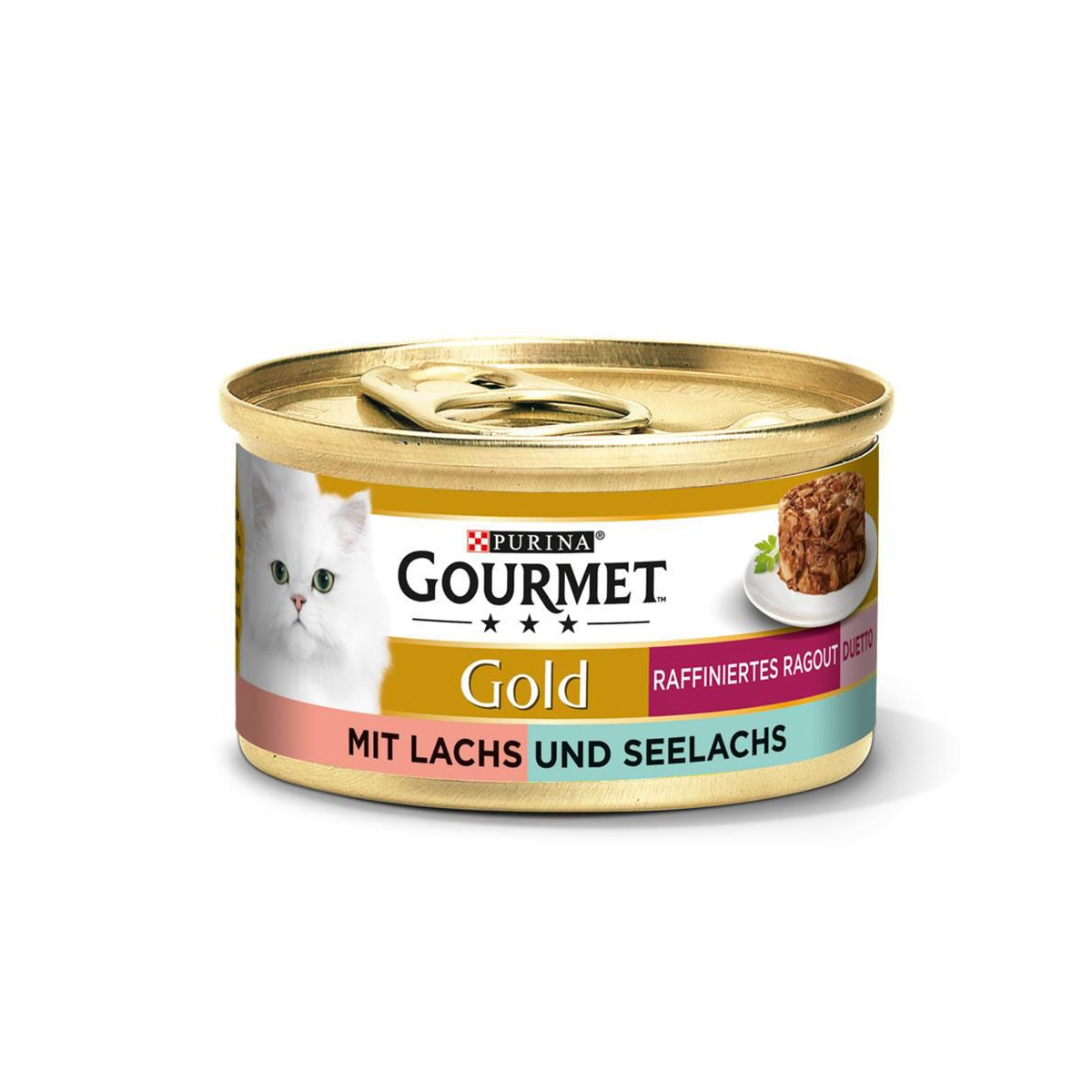 Krmivo pro kočky značky GOURMET Gold Rafinované ragú Duetto s lososem a treskou tmavou 12 × 85 g