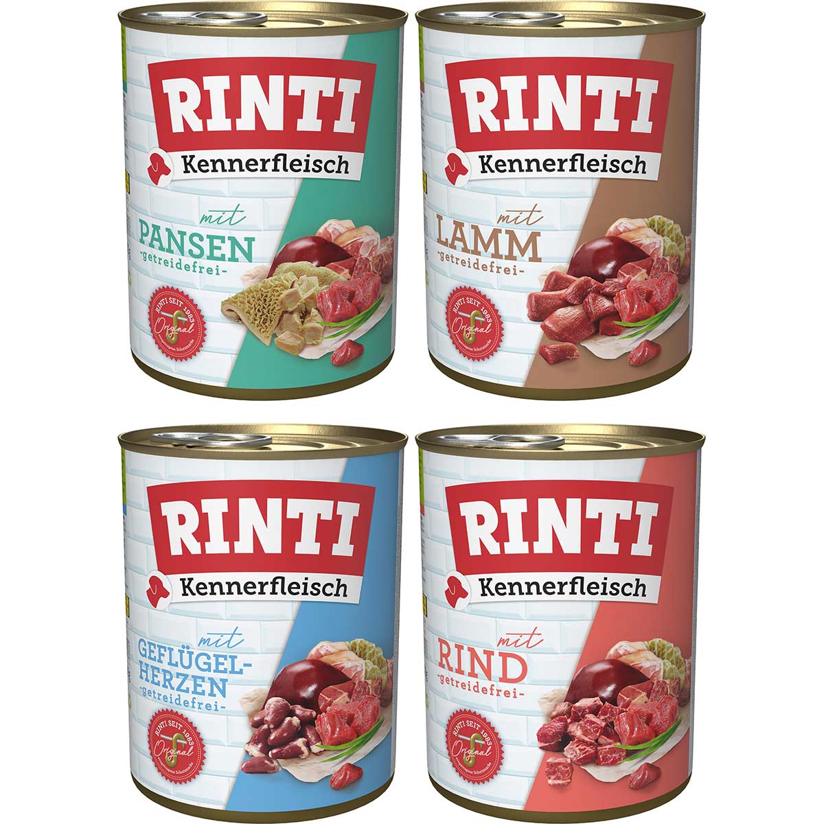 Rinti Kennerfleisch, kombinované balení, hovězí a drůbeží srdce, jehněčí a bachor, 24 × 800 g