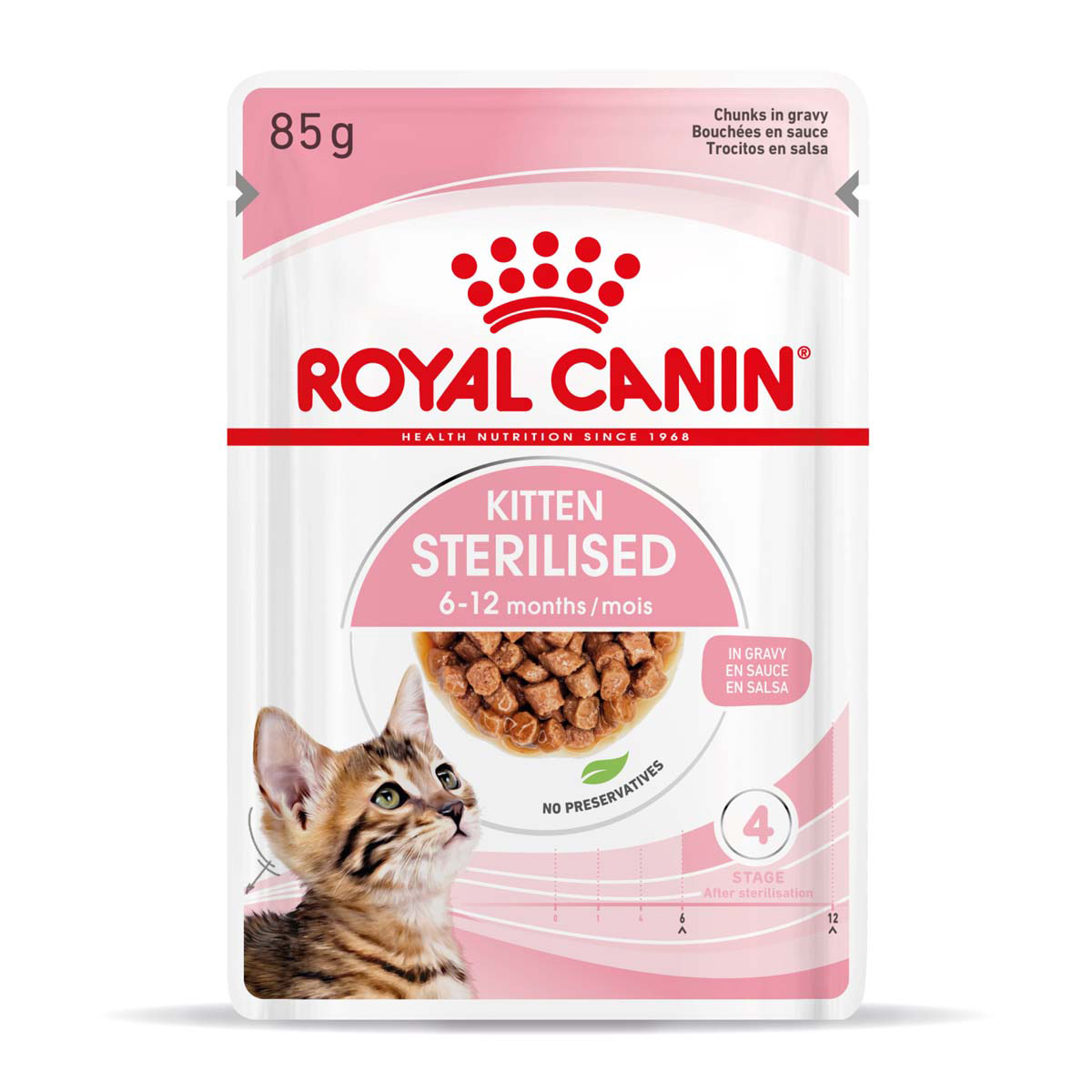 ROYAL CANIN KITTEN STERILISED v omáčce, krmivo v konzervě pro kastrovaná koťata od 6 měsíců věku. 48 × 85 g
