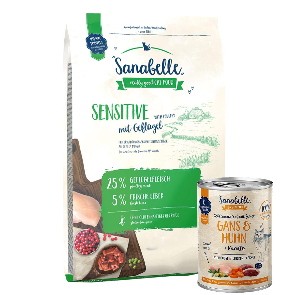 Sanabelle Sensitive Geflügel 2kg + Schlemmertopf Gans & Huhn 380g gratis