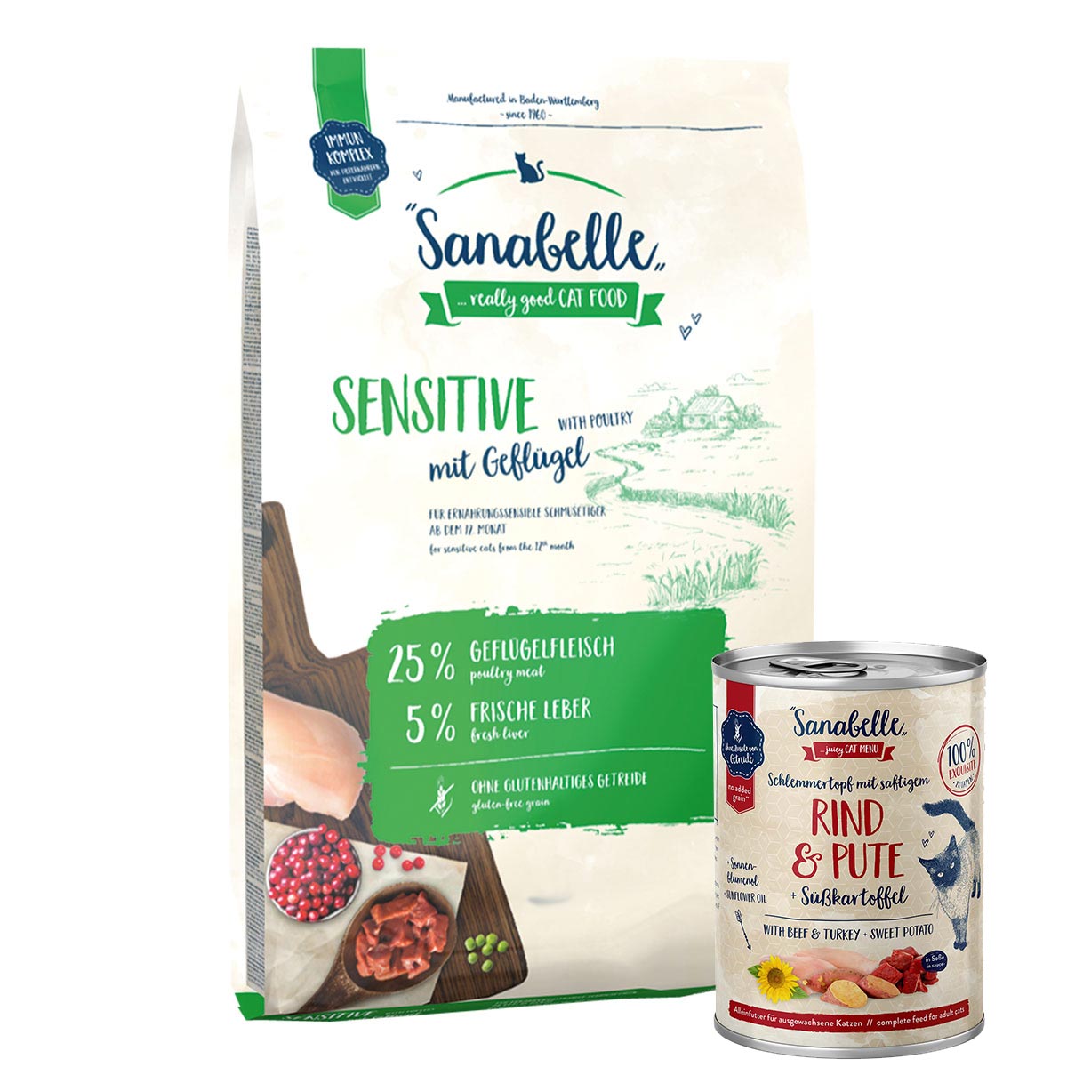 Sanabelle Sensitive Geflügel 2kg + Schlemmertopf Rind & Pute 380g gratis