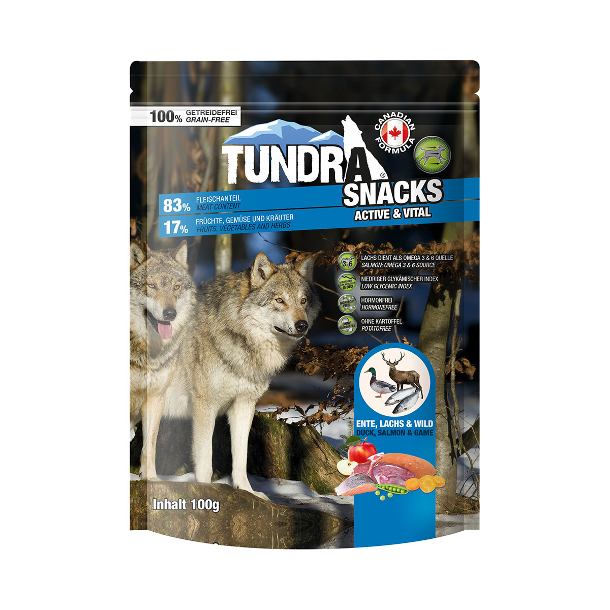 Tundra Dog Snack Active & Vital, Kachna, losos a zvěřina 9 × 100 g