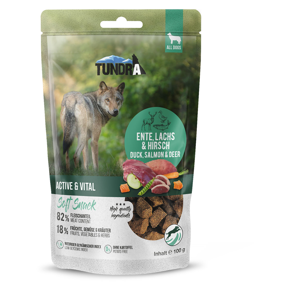 Tundra Dog Snack Active & Vital, Kachna, losos a zvěřina 9 × 100 g