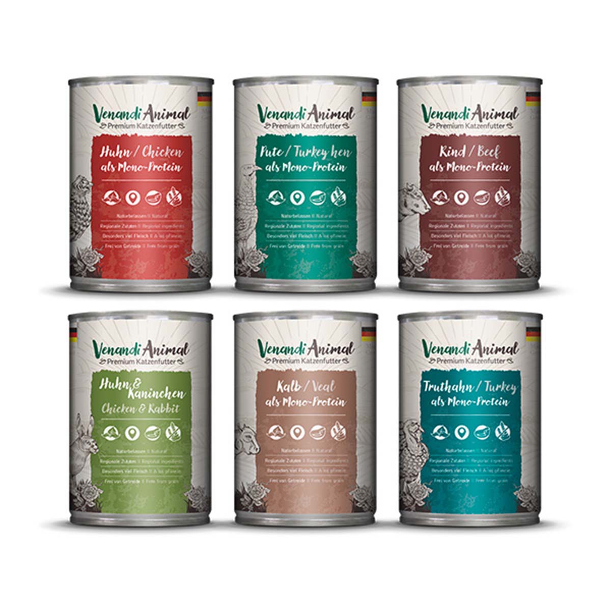 Venandi Animal - Probierpaket III Huhn, Pute, Rind, Huhn &amp; Kaninchen, Kalb, Truthahn