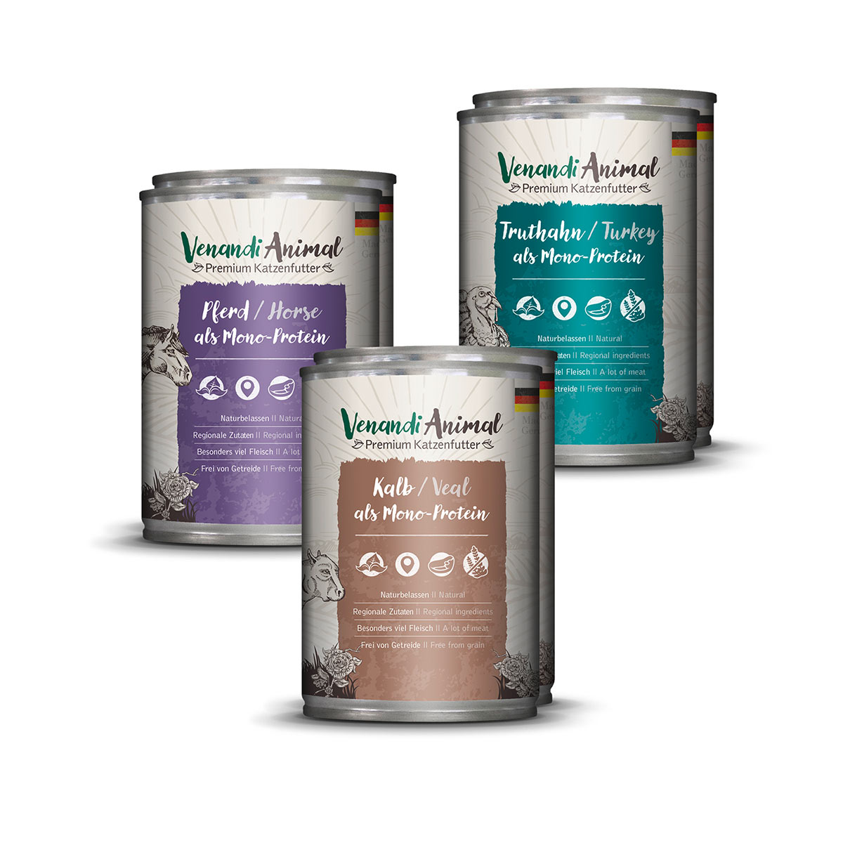Venandi Animal – zkušební balení II, 2× koňské, 2× telecí, 2× krocan 6 × 400 g