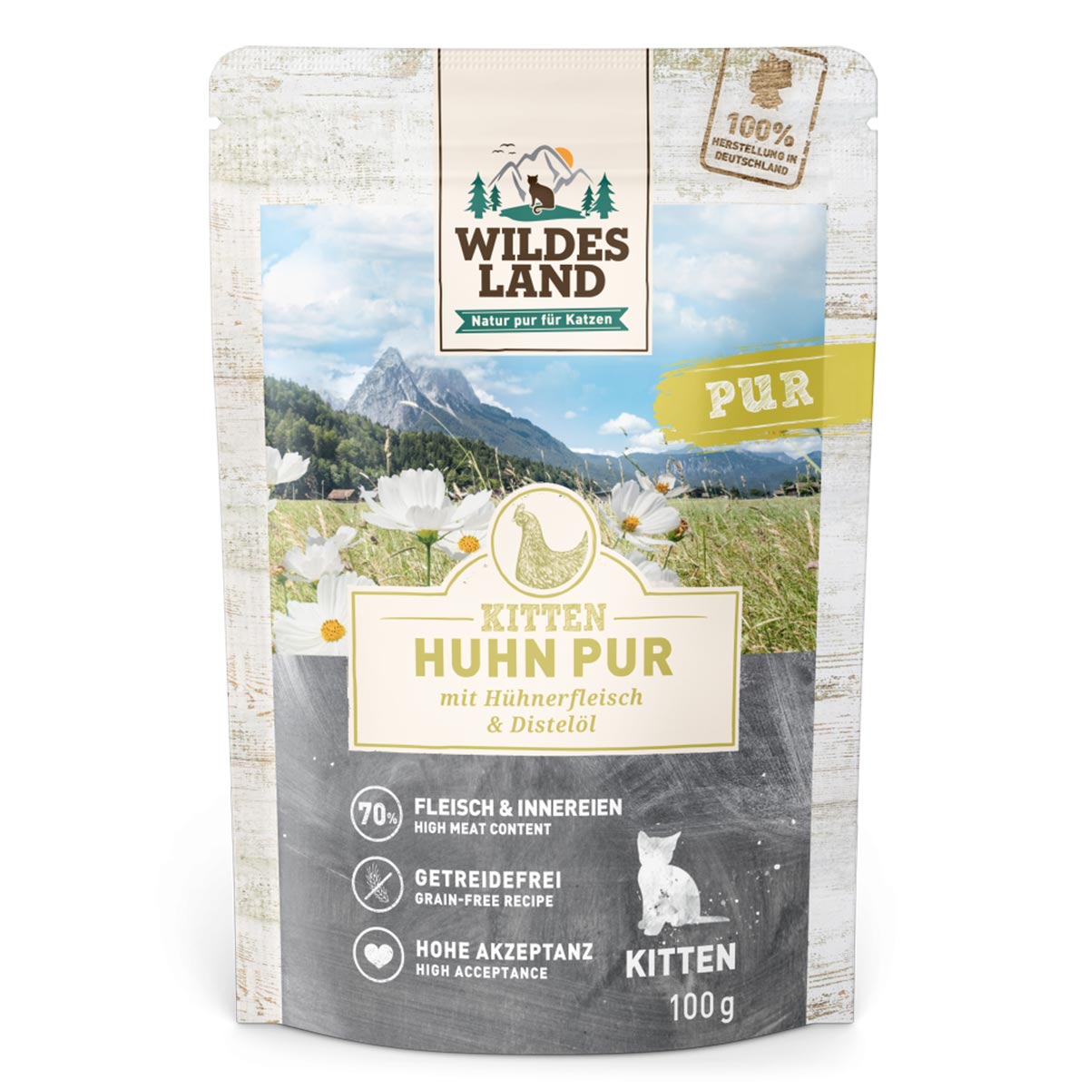 Wildes Land Kitten Huhn PUR mit Distelöl 12×100 g