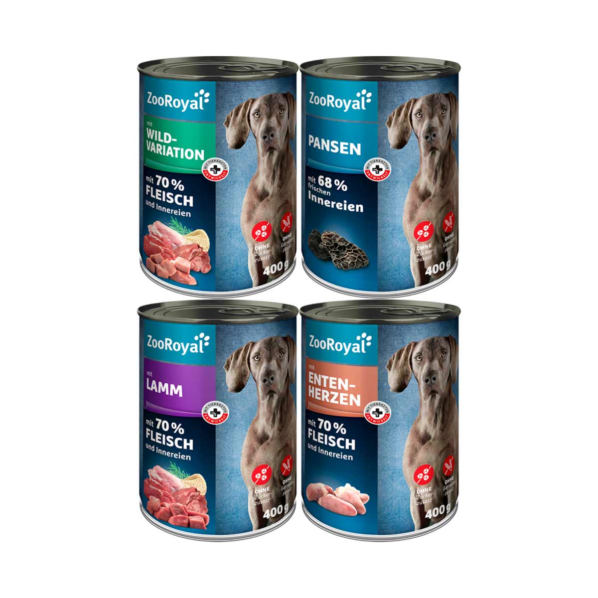 ZooRoyal kombinované balení se zvěřinou, jehněčím masem, bachorem a kachními srdíčky 24 × 400 g