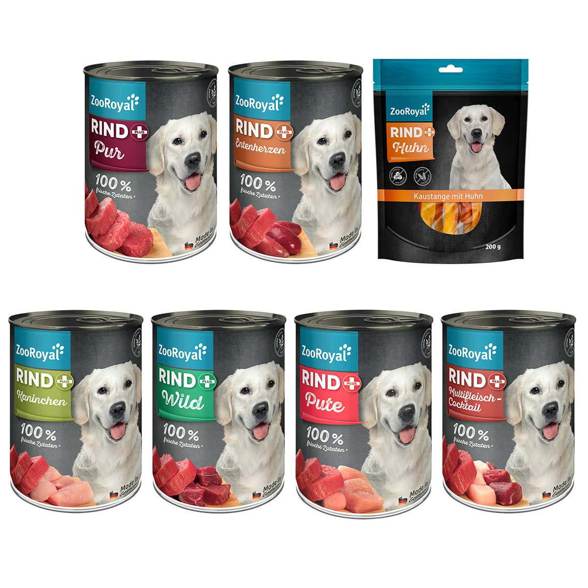 ZooRoyal Rind+ Probierpaket Nassfutter 6x400g + Snack 200g